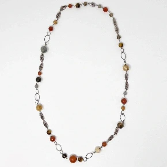 Earth Tone Beads & Silver Oval Links 36 Necklace